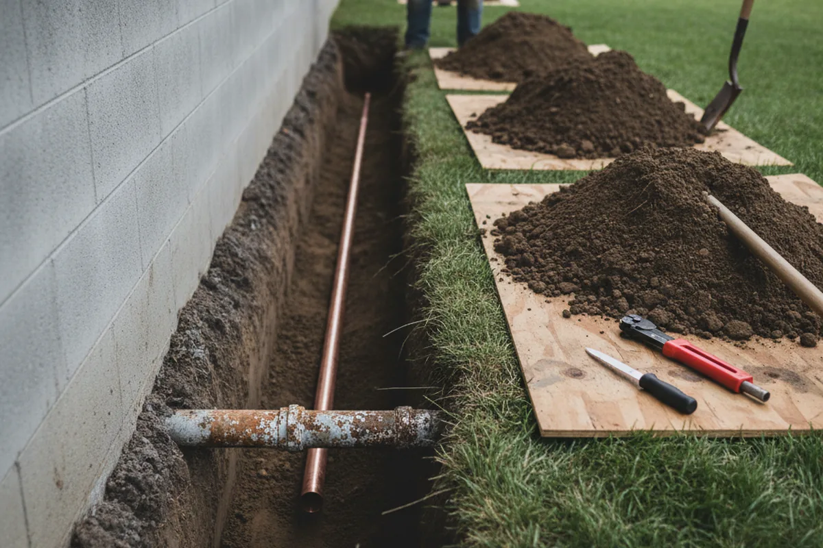 Excavated water line trench during Water Softener Installation in Rew